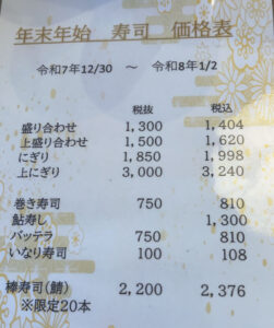 2026年力寿し年末年始お寿司価格表